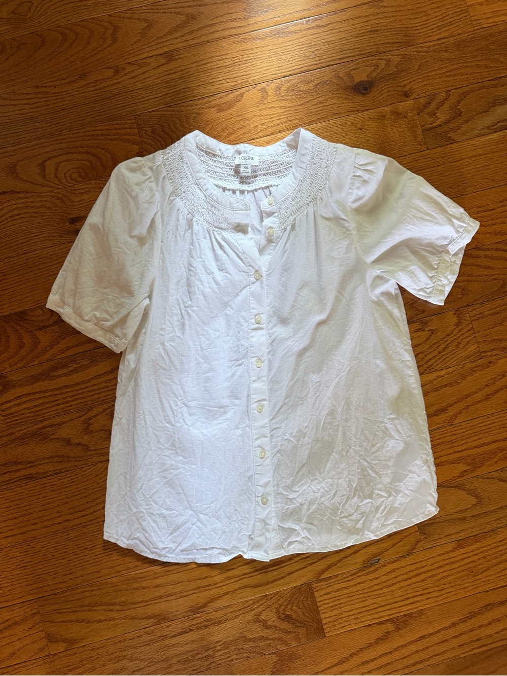 White Button-Front Smocked Yoke Cotton Blouse